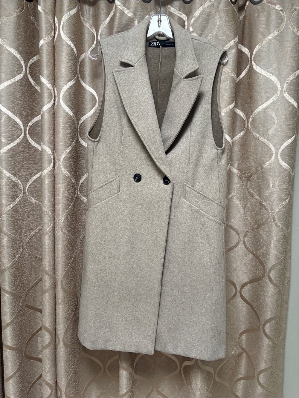 Zara Double Breasted Soft Long Vest Beige/Taupe Duster Jacket Coat M